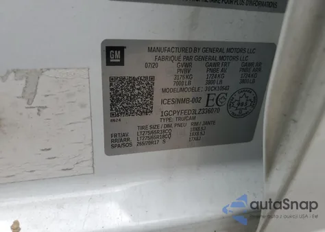 2020 Chevrolet Silverado K1500 Lt Trail Boss z USA, uszkodzony, nr VIN 1GCPYFED3LZ336070